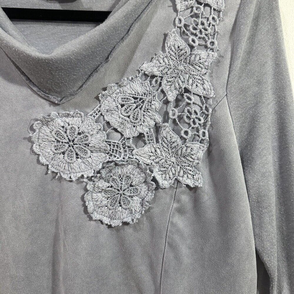 Feratelli Women's Boho Art Top Gray Long Sleeve Tunic Style Lace Crochet SZ M - Picture 15 of 16
